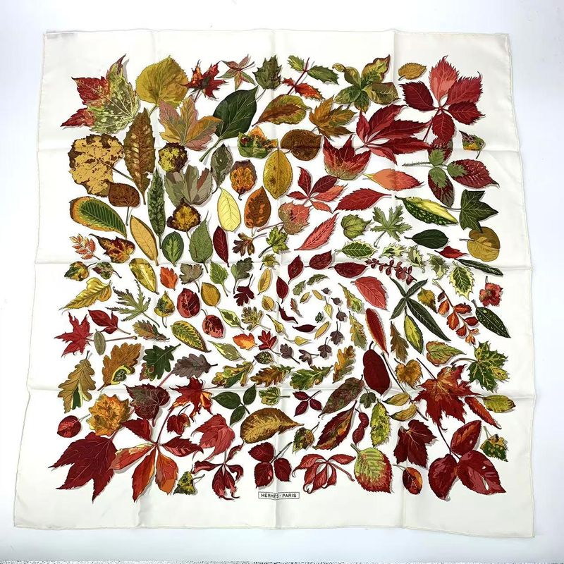 Hermes Carre 90 Tourbillon Falling Leaves Swirl Scarf Silk White
