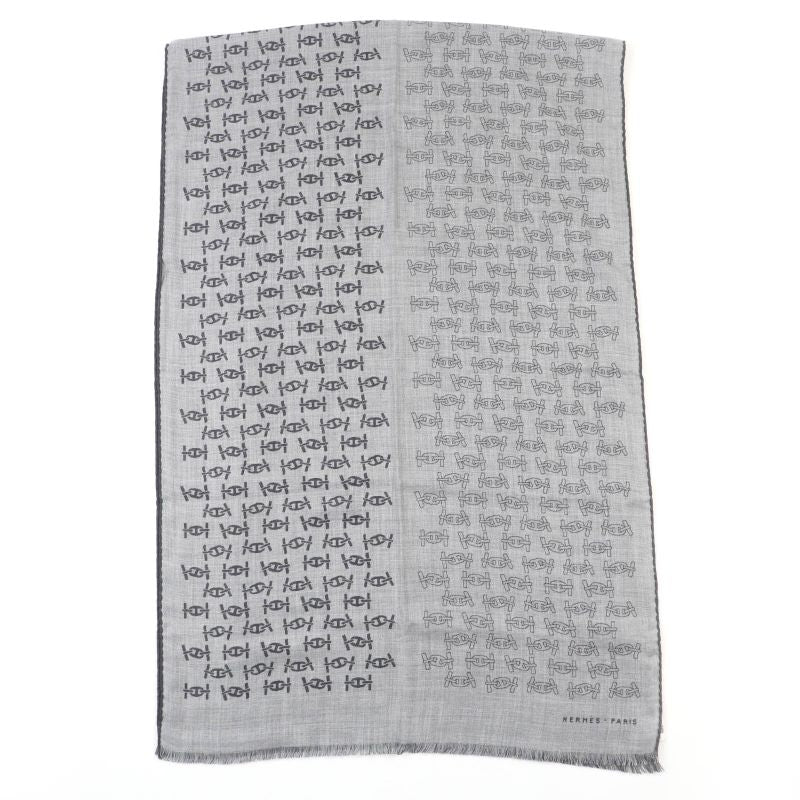Hermes Mayon Rhythm Cashmere Silk Cendre/anthracit Fringed Large Shawl Scarf