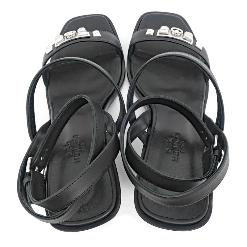 Hermes Sandals Eveless BK Svhardware 37 1 2 Leather Ankle Strap Women's