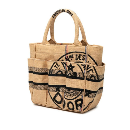 Dior Catherine Small Handbag Tote Bag Beige Multicolor Canvas Jute Women's Dior