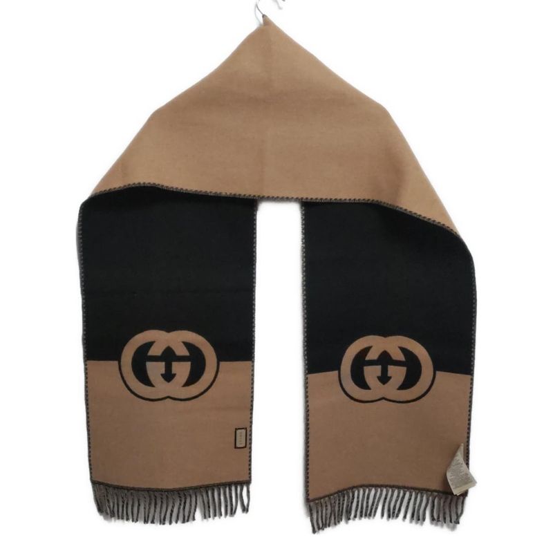 Gucci Scarf Interlocking G Scarf 715497 Beige And Black Wool And Cashmere