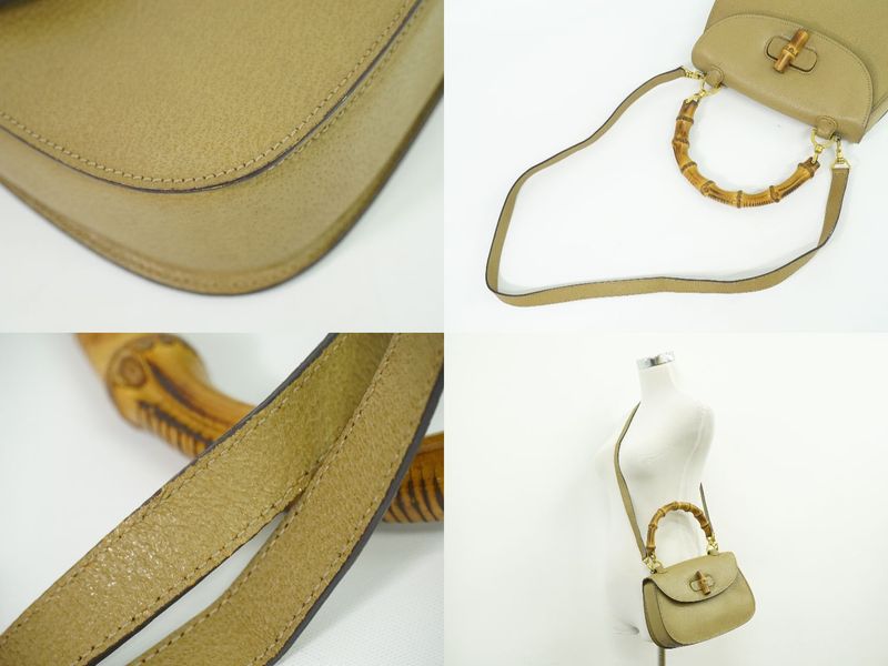 Authentic Gucci Bamboo 2WAY Shoulder Bag Handbag Pochette Leather Beige Bamboo