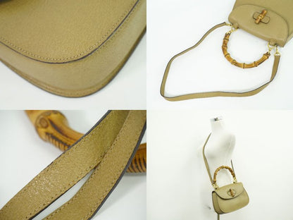 Authentic Gucci Bamboo 2WAY Shoulder Bag Handbag Pochette Leather Beige Bamboo