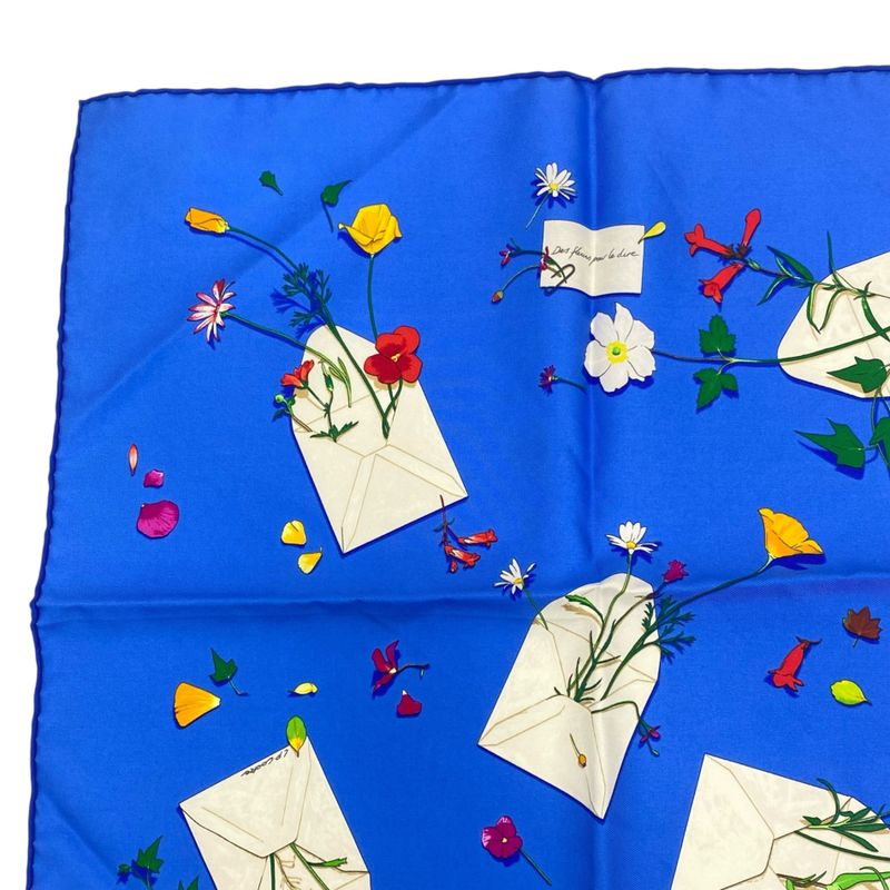 Hermes Scarf Silk Floral Letter Blue With Box