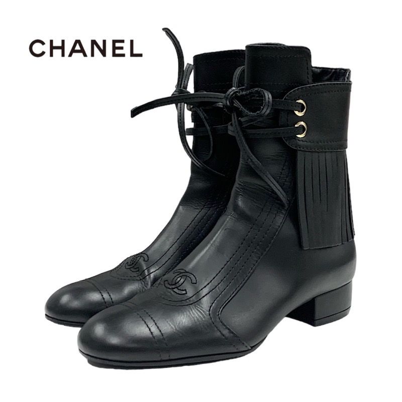 Chanel Boots Short Boots Shoes Leather Black Here Mark Fringe