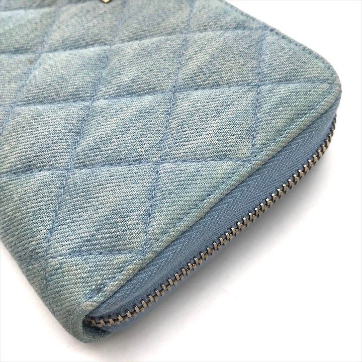 Chanel CC Logo Quilted Denim Zip Around Wallet Blue