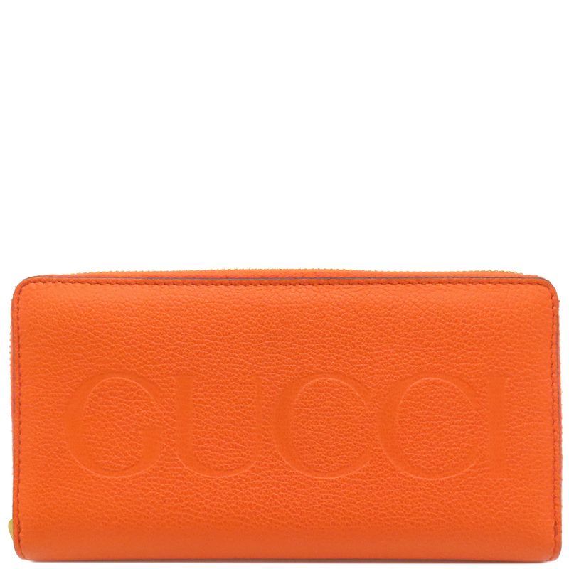 Gucci Long Wallet Logo Zip Around Wallet Leather Orange Gold Hardware Round