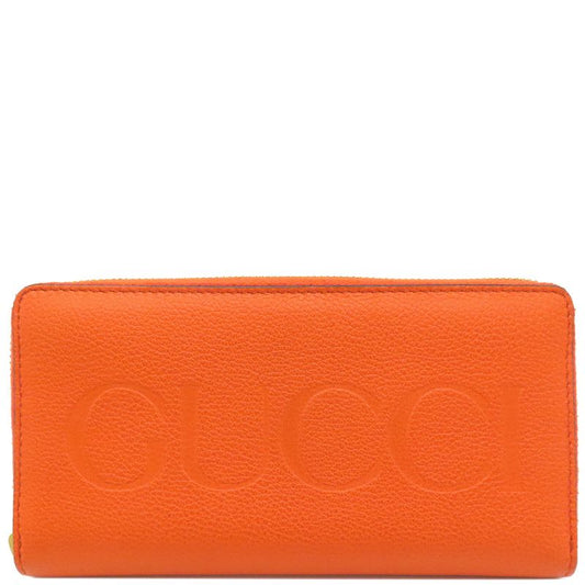 Gucci Long Wallet Logo Zip Around Wallet Leather Orange Gold Hardware Round