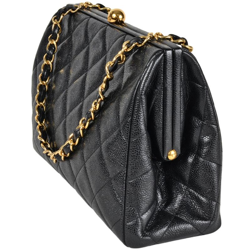 Chanel Handbag Caviar Skin Black Gold Hardware 3rd Platform Gusset Vintage