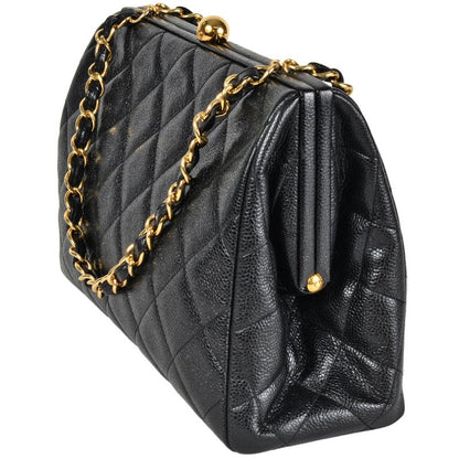 Chanel Handbag Caviar Skin Black Gold Hardware 3rd Platform Gusset Vintage