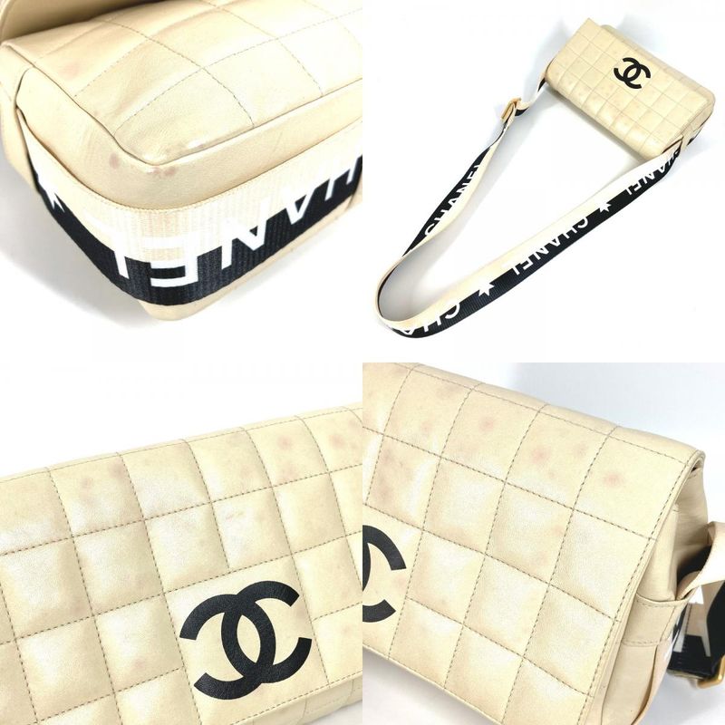 Chanel Shoulder Bag CC Coco Mark Choco Bar Bicolor Leather White
