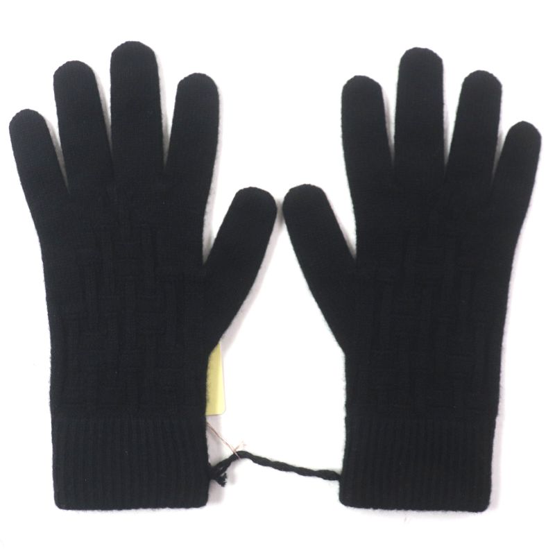 Hermes 17202g 100% Cashmere NOIR Black H Pattern Knitting Gloves Black S Made