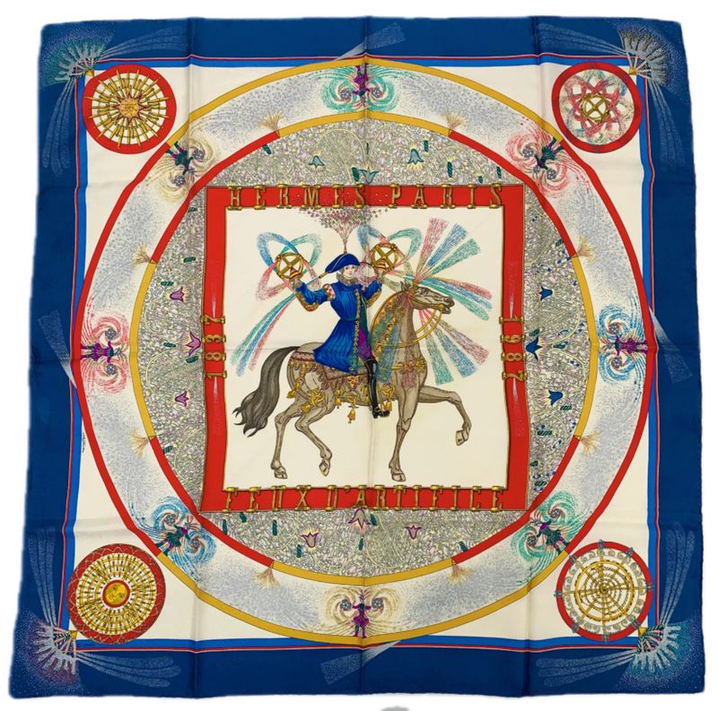 Grade Hermes Carre 90 FEUX Dartifice Flame Of Artistry 1987 Blue Multicolor