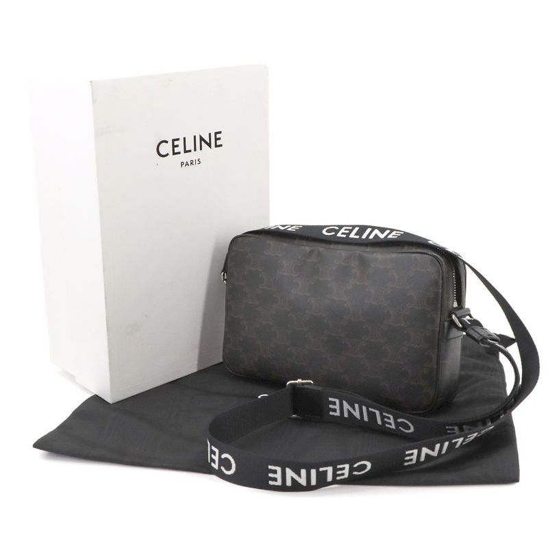 Celine Triomphe Medium Messenger Shoulder Bag PVC Leather Black Brown 197202dnd