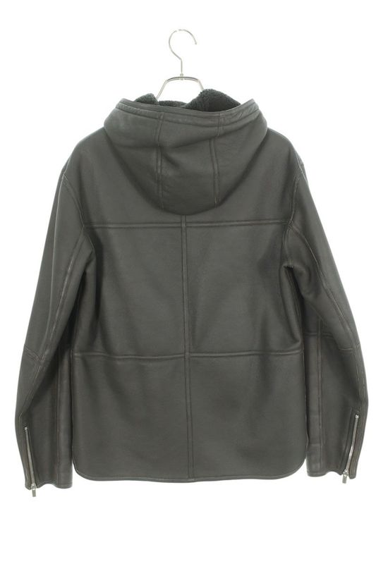 Hermes Zip Up Mouton Hooded Leather Jacket Blouson Men's