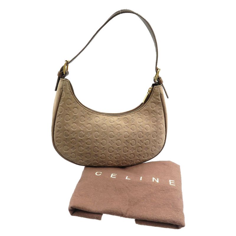 Celine Vintage Half Moon C Macadam Pattern Suede Gold Hardware Mocha Brown