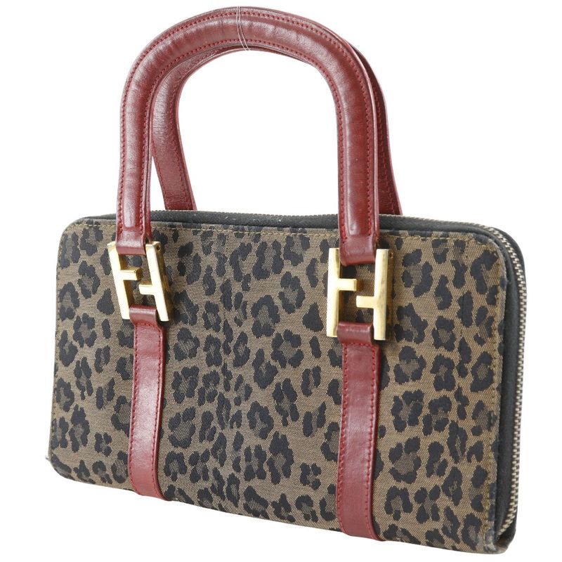 Fendi Wallet Bag Leopard Pattern Nylon Canvas Brown/red Ladies Handbag