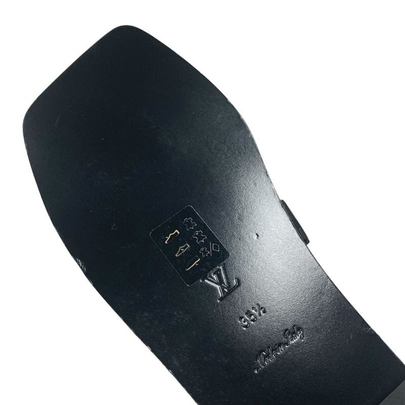 Louis Vuitton Peplum Line Sandals Shoes Leather Black Gold Black Ribbon Flat