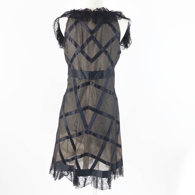 CHANEL Vintage 07P P30570 100% Silk Lace Dress With Coco Mark Black Beige 38