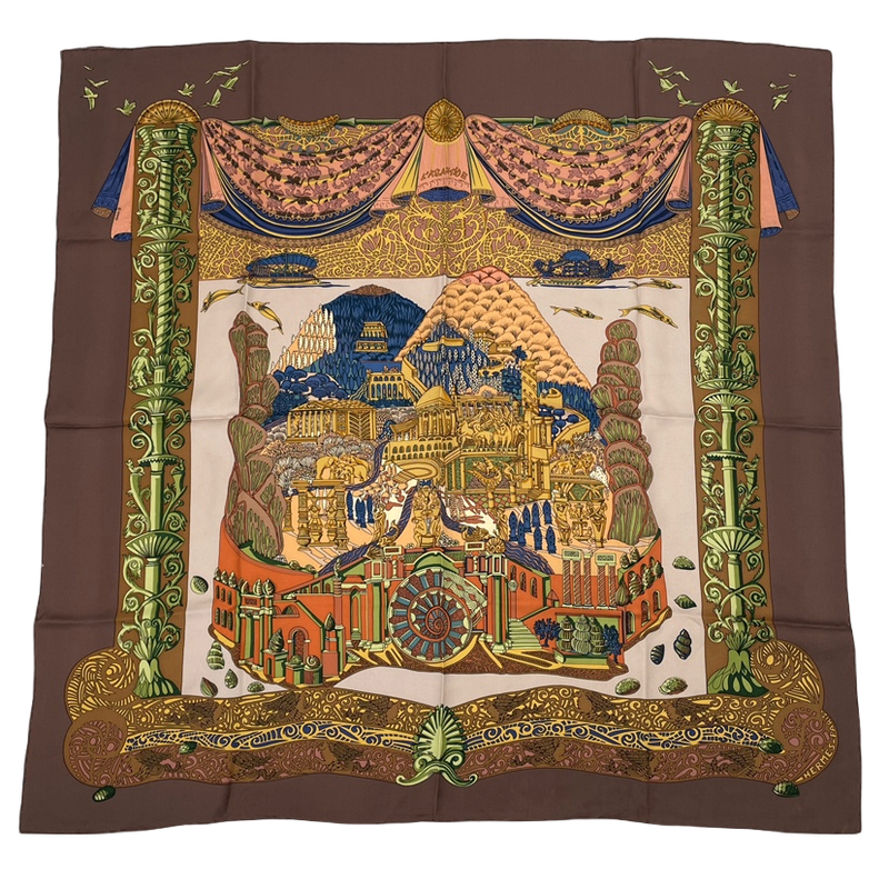 Hermes Carre 90 L Atlantide Atlantis Continental Silk Scarf Brown