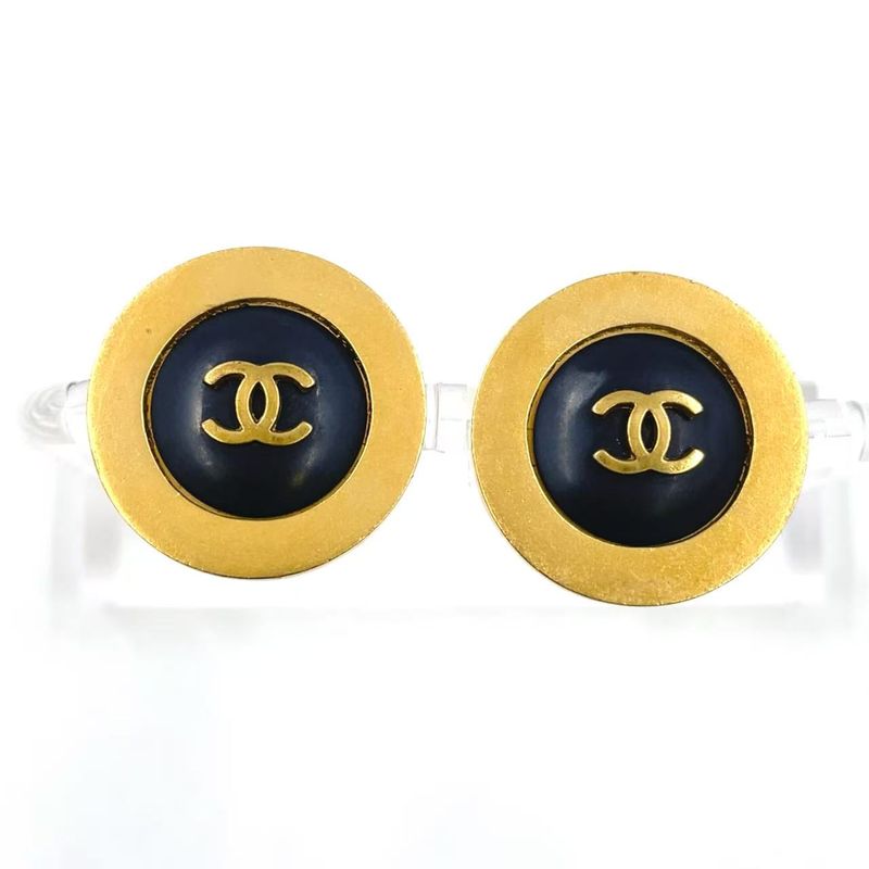 Chanel Round Coco Mark GP X Plastic Gold X Black Earrings