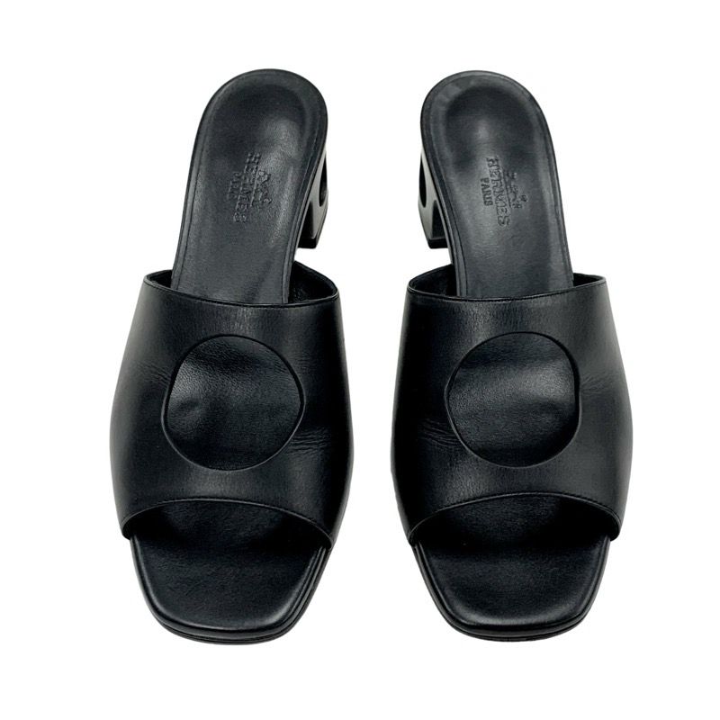 Hermes ELIA Sandals Shoes Leather Black Mule Circle Cut