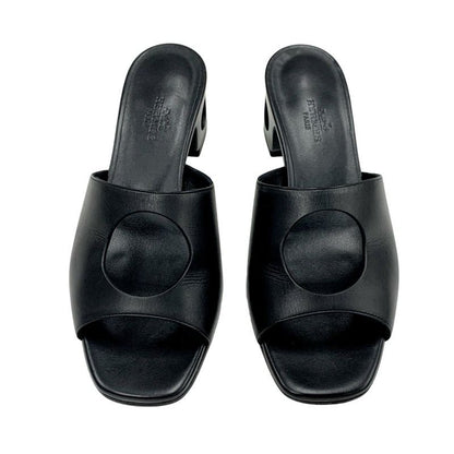 Hermes ELIA Sandals Shoes Leather Black Mule Circle Cut