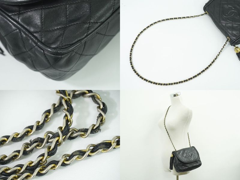 Authentic Chanel Coco Mark Matelasse Tassel Chain Shoulder Bag Leather Black