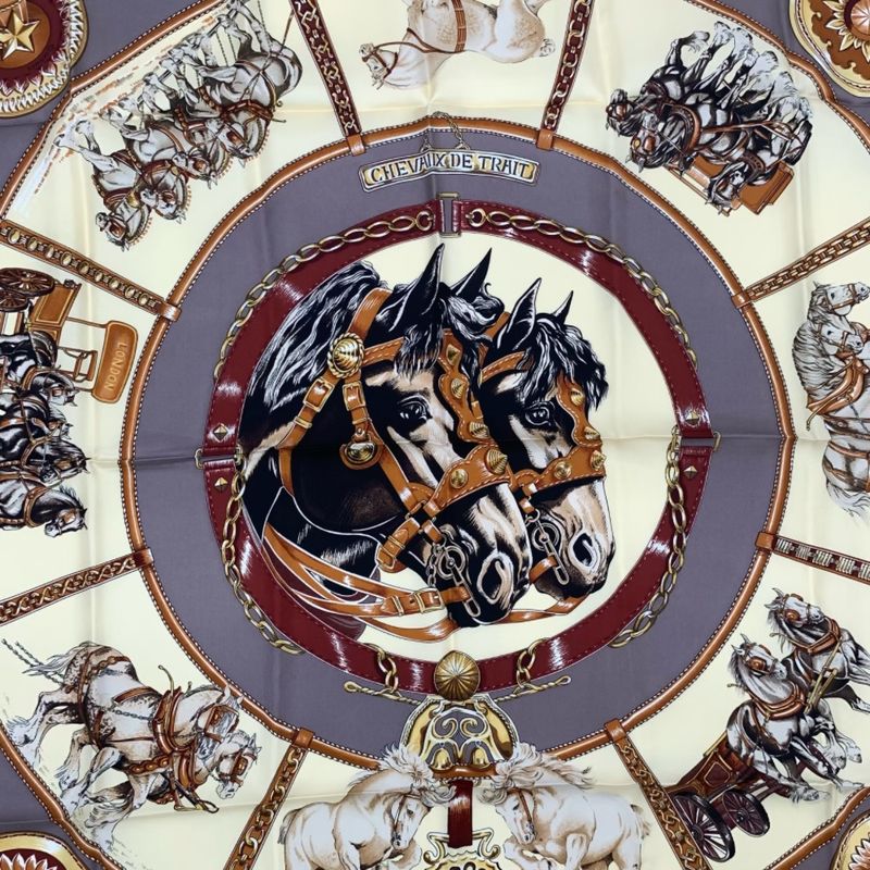 Grade Hermes 100% Silk Scarf Carre 90 Chevaux DE Trait Cart Horse