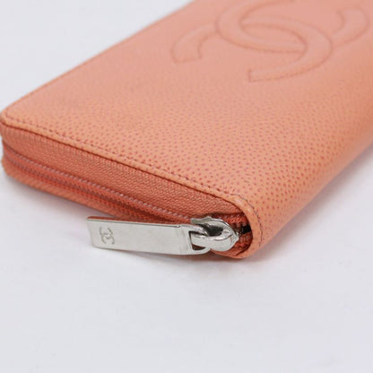 Chanel Coco Mark Round Zip Wallet Caviar Skin Orange Wallet Silver