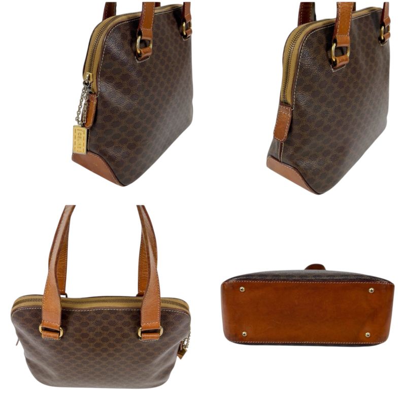 Celine Mini Tote Handbag With Macadam Pattern Triomphe Brown Pvcleather Charm