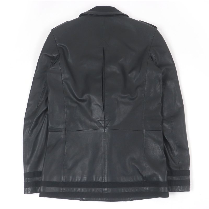 Louis Vuitton Double Breasted Leather Jacket Pea Coat Black 44 Made In France