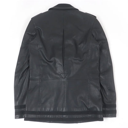 Louis Vuitton Double Breasted Leather Jacket Pea Coat Black 44 Made In France
