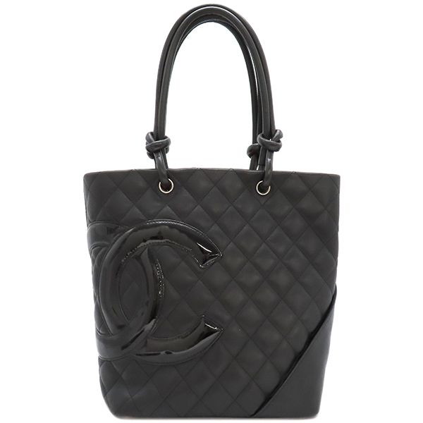 Chanel Tote Bag Cambon Line Medium Leather Enamel Black Silver Hardware Black