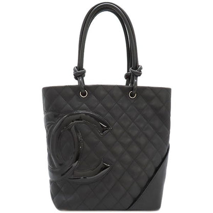 Chanel Tote Bag Cambon Line Medium Leather Enamel Black Silver Hardware Black