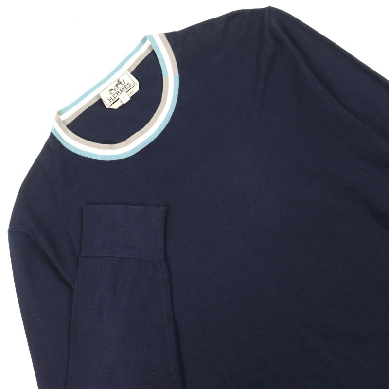 Hermes 2022 100% Cotton Crewneck Tipline Sweater Knit Navy S Made In Italy