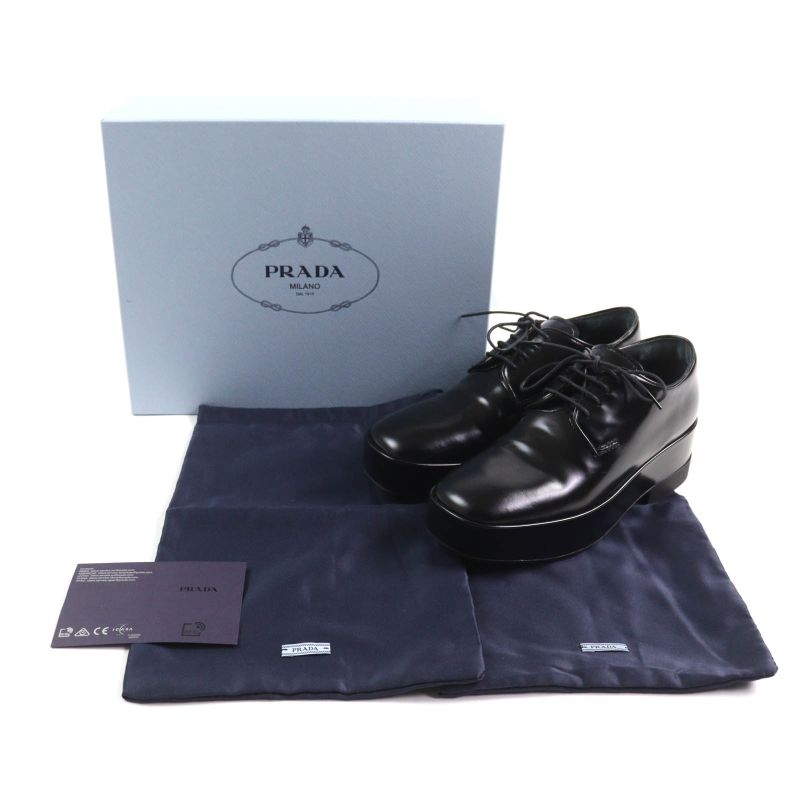 Prada Back Logo Platform Lace Up Leather Shoes Black 35.5 With Box And Storage