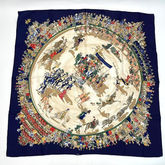 Hermes Carre 90 Cirque Molier Molie Circus Scarf 100% Silk Navy
