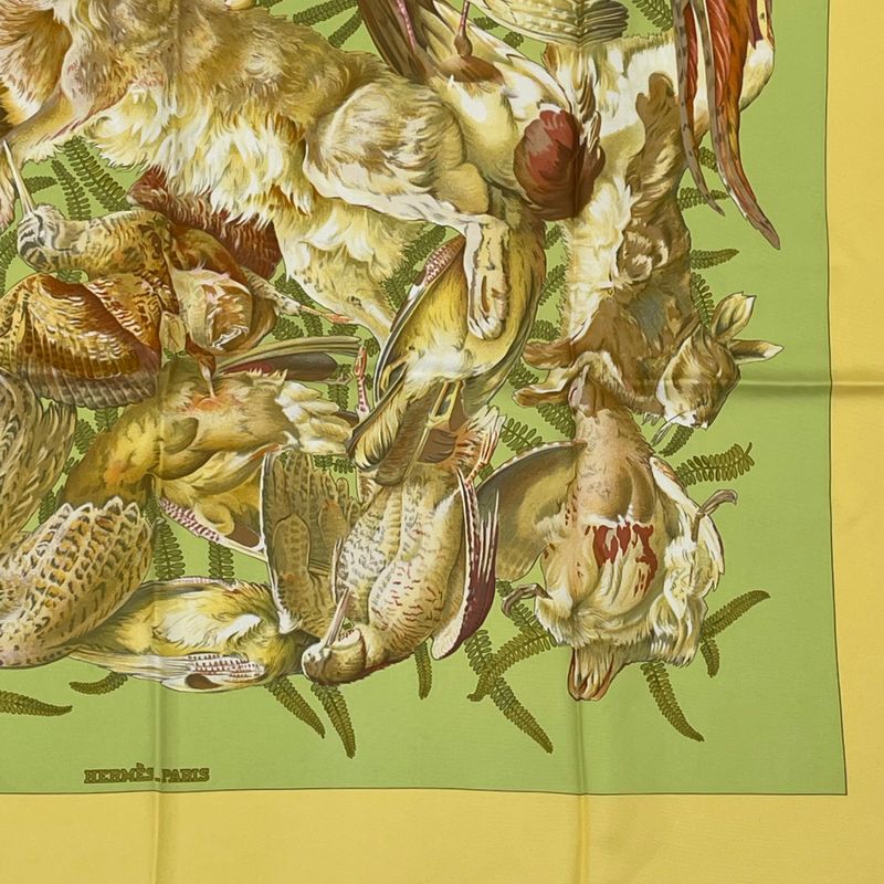 Hermes Carre 90 Scarf Linares Animals Birds Camo Yellow