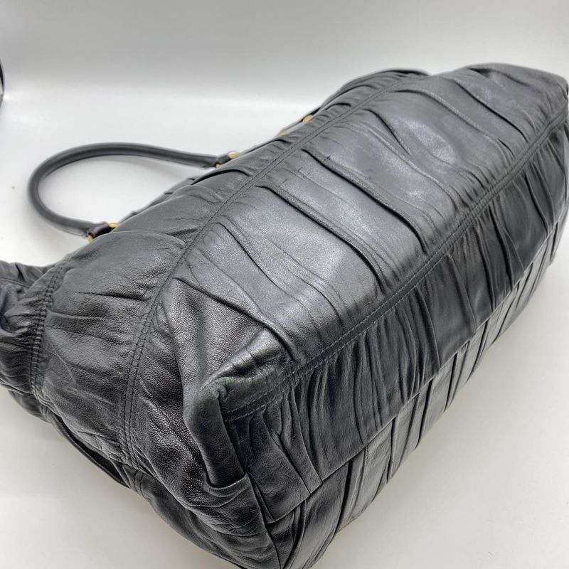 Prada Tote Handbag Gather Leather Black Vintage Ladies Men Fashion Gift