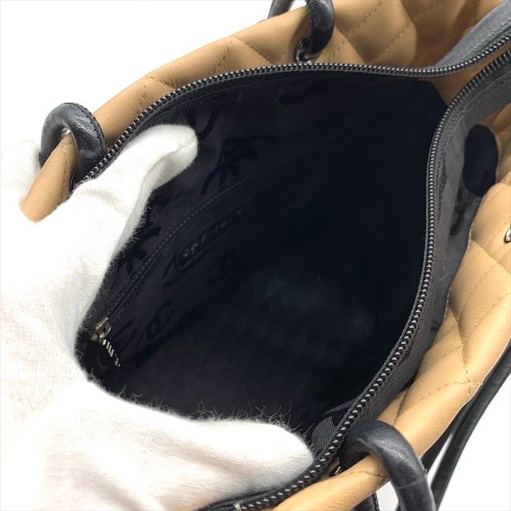 Chanel Cambon Quilted Leather CC Logo Hand Bag Beige Black Bag