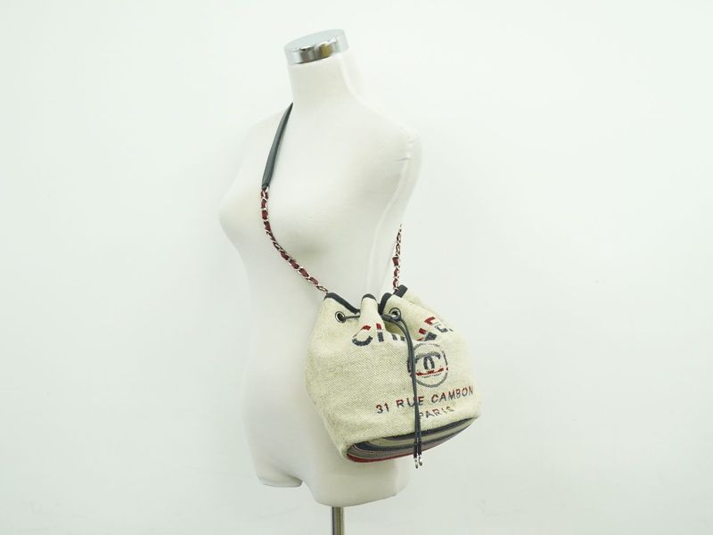 Authentic Chanel Deauville Coco Mark Chain Drawstring Shoulder Bag Pochette