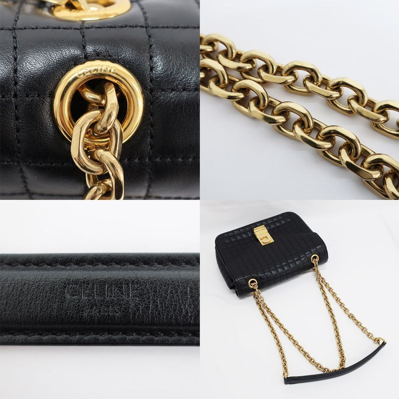 Celine Chain Shoulder Bag Quilted Black Gold Hardware Leather Women's
