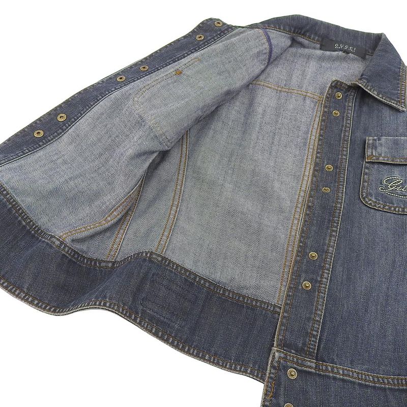 Gucci Western Logo Embroidery Sherry Leather Patch Denim Jacket Damaged 44 S