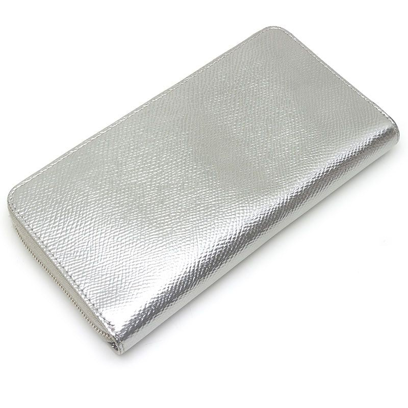 Celine Round Zip Long Wallet Shape Pressed Leather Metallic Silver Round Zipper