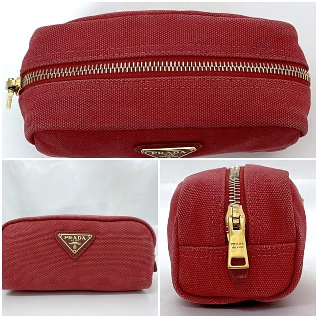 Prada Pouch Red 1n0175 Small Bag Canvas Leather Preowned