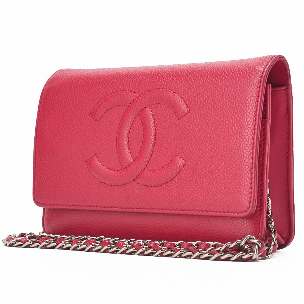 Chanel Shoulder Bag Chain Wallet Caviar Skin Rose Pink Silver Hardware Push