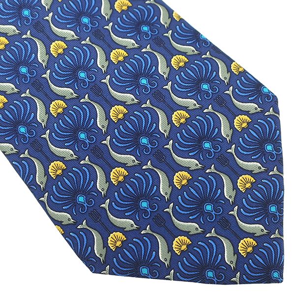 Hermes Necktie with Dolphin Pattern 9cm (3.54in) Silk Blue and Multicolor Blue