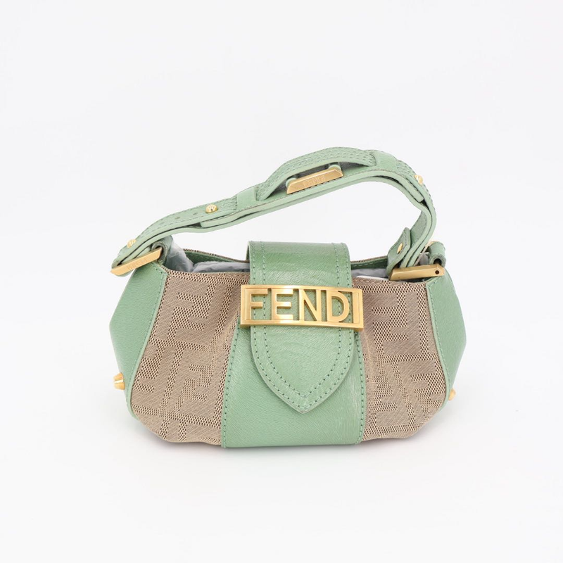 Fendi Beige Green Zucca Canvas Leather Baguette Shoulder Bag