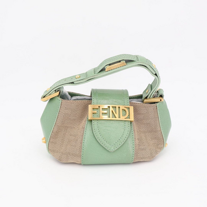 Fendi Beige Green Zucca Canvas Leather Baguette Shoulder Bag